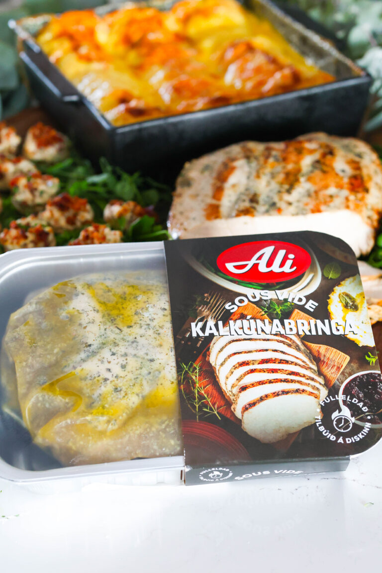 Kalkúnabringa með sætkartöflugratíni og fylltum sveppum